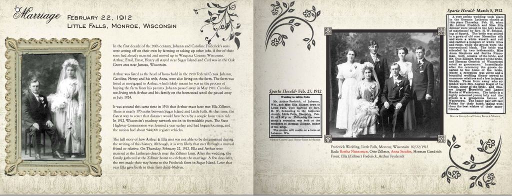 A two-page spread from a family history book featuring a wedding photo of Johann and Caroline Frederick along with text detailing their marriage on February 22, 1912, in Little Falls, Monroe, Wisconsin, and an accompanying newspaper clipping about the wedding.
