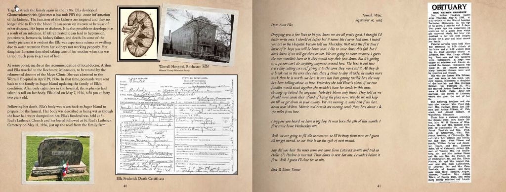 Two pages from a book featuring family history, including a gravestone image, a hospital photo, a death certificate, and an obituary letter.