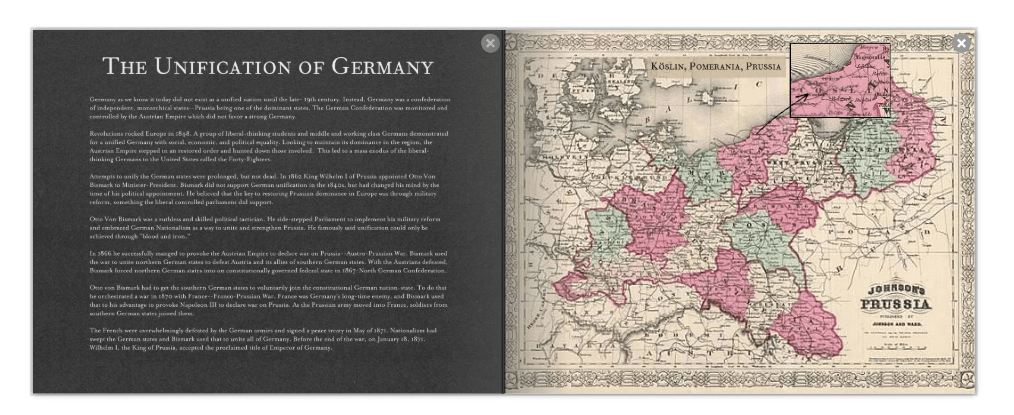 A historical page featuring a map of Prussia from the 19th century, highlighting various regions with pink and green colors, accompanied by text discussing the unification of Germany.