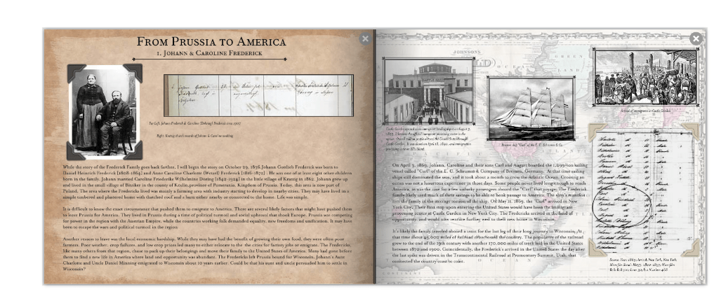 A digital page layout titled 'From Prussia to America' featuring family history details about Johann and Caroline Frederick, including photographs and text describing their immigration journey.