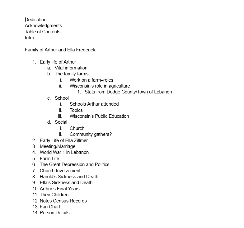 A sample table of contents for a book about the life of Arthur and Ella Frederick, including topics like family history, early life, school, and significant events.