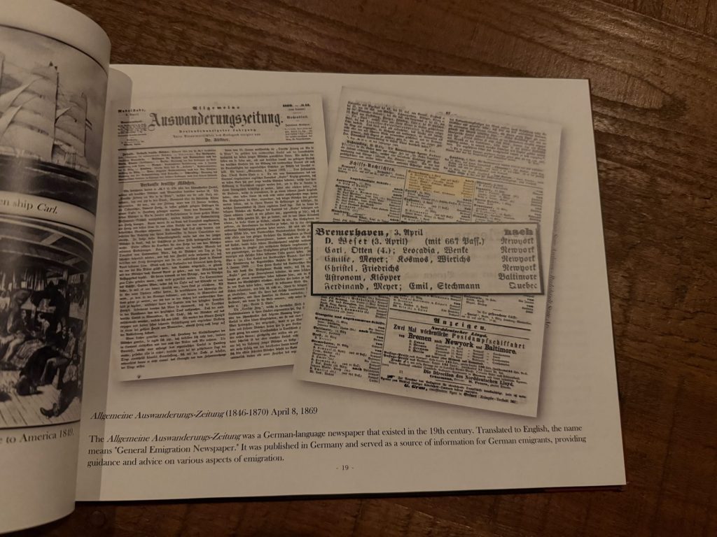 An open book page displaying historical German newspaper clippings about emigration, including articles and advertisements from the 19th century.