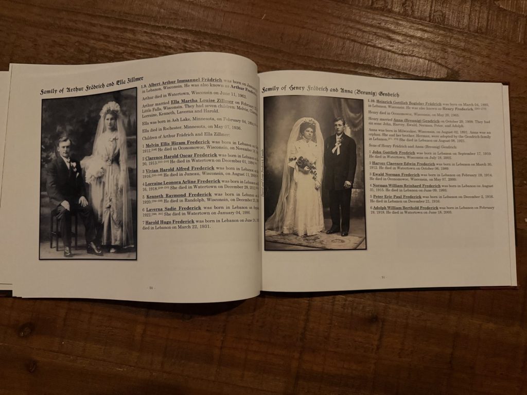 Pages from a family history book featuring photographs of Arthur Frederick and Ella Zillmer, along with text detailing their family lineage and children.